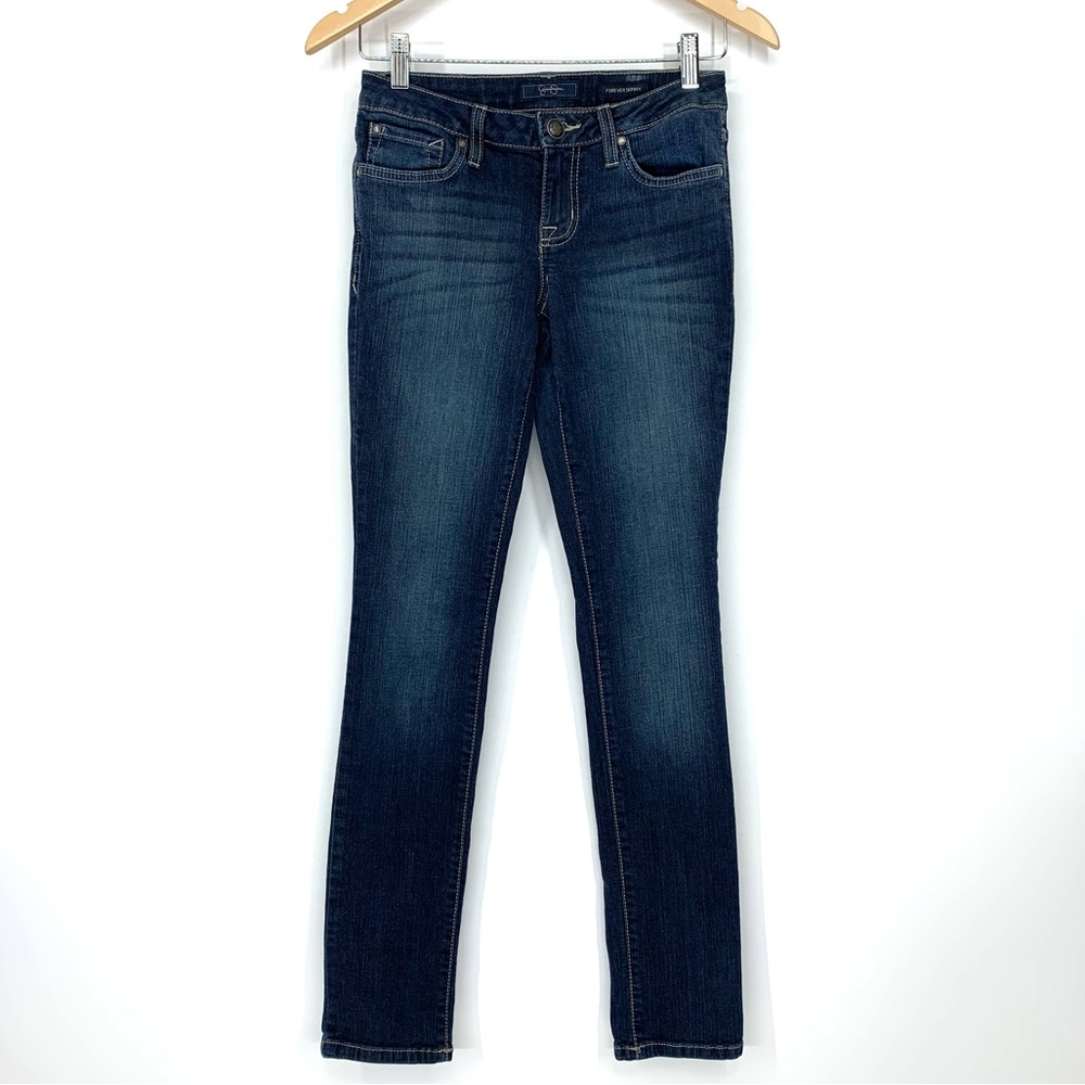 Jessica Simpson Low Rise Dark Wash Forever Skinny Jeans With Tan Stitch Size 26